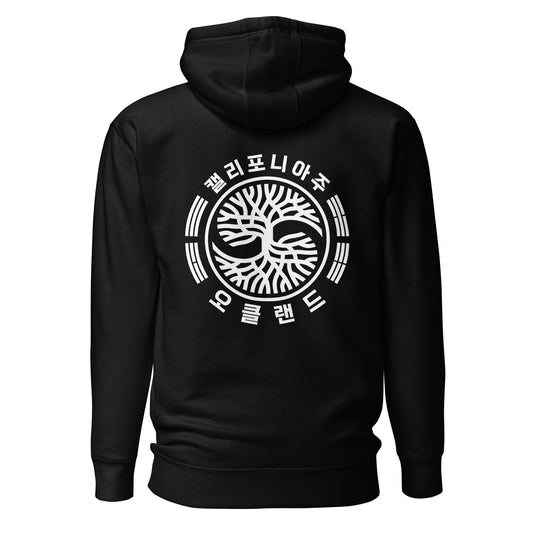 TAEGEUK OAK AND ROOTS HOODIE - WHITE ON BLACK